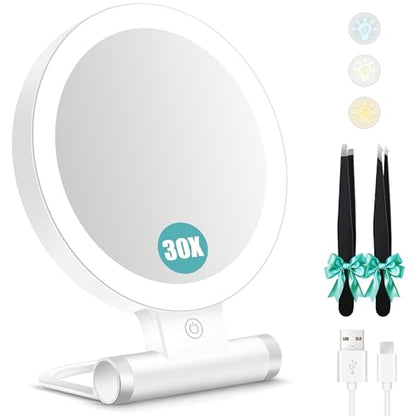 Magnifying Mirror with Light 30X, Double-Sided 1X/ 30X Magnifying Makeup Mirror with Tweezer, 2000mAh 3 Colour Modes with Adjustable Brightness,Foldable Travel Mirror(9" L x 7" W) - color: White
