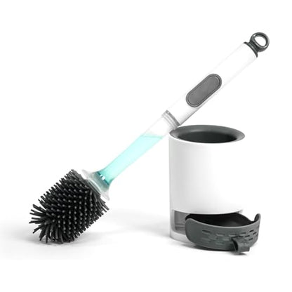 Silicone Toilet Brush and Holder Set with Cleaner Dispenser, Grey | Dispenser handle, silicone bristles, ventilated holder; for RV, apartment, and bathroom use