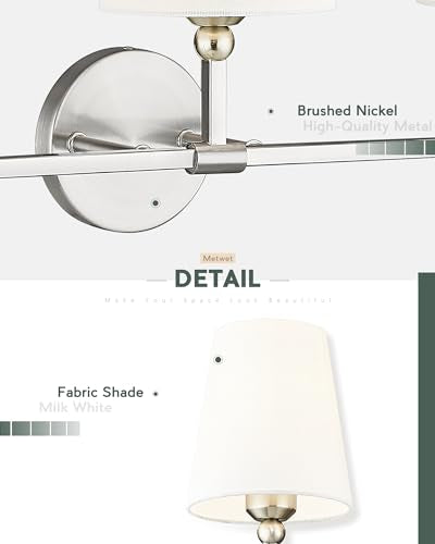 Bathroom Light Fixtures, Brushed Nickel Vanity Lights with Flared White Fabric Shade, 3 Light Wall Sconce, Modern Sconces Wall Lighting for Hallway Bedroom, VL837-BN-3 | 24.5" bathroom light fixtures over mirror, upward only, E26 base, bulbs not included,