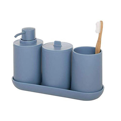 iDesign Bathroom Accessories Set, 4-Piece Sink Tidy with Soap, Toothbrush Holder, Cotton Pad Dispenser and Tray, Made of Plastic, Blue, 24.5 cm x 8.9 cm x 16.2 cm - color: Dusty Blue, size: 24.5 cm x 8.9 cm x 16.2 cm