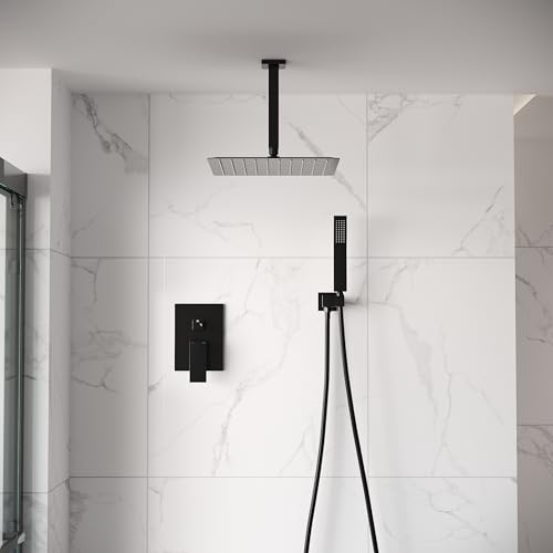 WELLFOR 12-In Ceiling Mount Shower System with Single Handle, Pressure-balanced Valve Included, Waterfall Dual Head Shower Head System, Rain Shower System, Shower Faucet Trim Kits, Matte Black - color: Matte Black, style: Ceiling Mount 12-Inch