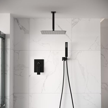 WELLFOR 12-In Ceiling Mount Shower System with Single Handle, Pressure-balanced Valve Included, Waterfall Dual Head Shower Head System, Rain Shower System, Shower Faucet Trim Kits, Matte Black - color: Matte Black, style: Ceiling Mount 12-Inch