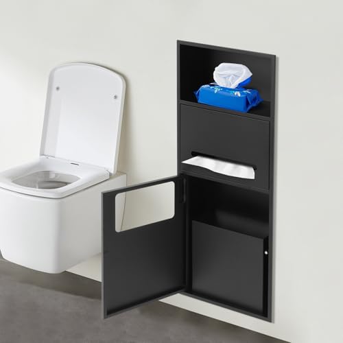 Recessed Stainless Steel Toilet Paper Holder, In-Wall Waterproof Bathroom Organizer with Trash Bin, Toilet Paper Toiletries Storage Rack 10.5 x 27 x 5.3 inches (Black) - color: Black
