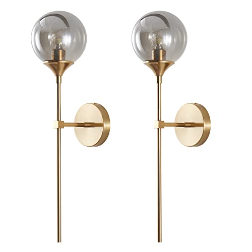 KCO 2 Pack Mid Century Modern Brass Gold Smoke Gray Glass Globe Wall Sconce | E26 Hardwired, Up/Down Mounted, Long Linear Rod, Farmhouse Wall Light Fixture for Bedroom Bathroom Hallway Living Dining Room - color: Smoke Grey