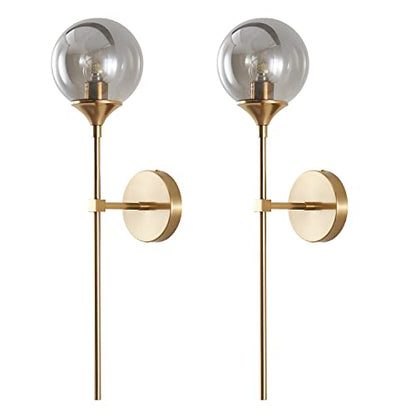 KCO 2 Pack Mid Century Modern Brass Gold Smoke Gray Glass Globe Wall Sconce | E26 Hardwired, Up/Down Mounted, Long Linear Rod, Farmhouse Wall Light Fixture for Bedroom Bathroom Hallway Living Dining Room - color: Smoke Grey