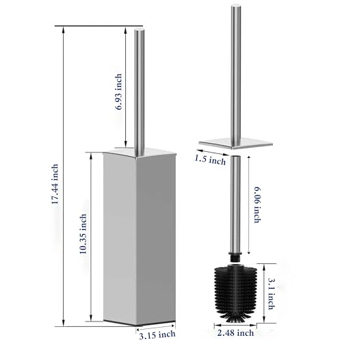 RUACQ Toilet Brush and Holder Set, Square, Brushed Nickel | SUS304 Stainless Steel Handle, Toilet Cleaner Brush with Durable Scrubbing Bristles, Splash-Proof - color: Brushed Nickel, size: 1 pack