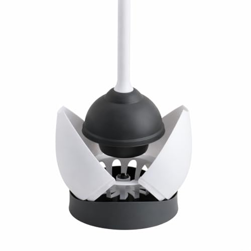 Hideaway Toilet Plunger with Caddy, White, 19.5 Inch Bathroom Plunger Set, Compact Storage Canister, Drip Tray Base, Easy Grip Handle