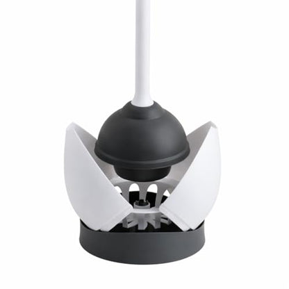 Hideaway Toilet Plunger with Caddy, White, 19.5 Inch Bathroom Plunger Set, Compact Storage Canister, Drip Tray Base, Easy Grip Handle