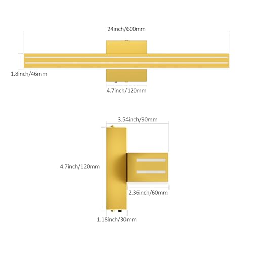 Ralbay 24inch Gold Vanity Light with 5 Color Temperature (2700K-6000K) Dimmable Acrylic Metal 24W LED Modern Matte Gold Bathroom Vanity Light Bar - color: Gold, size: 24 inch