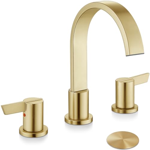 Midanya 8 Inch Widespread Bathroom Sink Faucet 3 Hole,Brushed Gold | Waterfall Swivel Spout,2 Handle,SUS304,with Pop Up Drain,cUPC 24" Water Hose,for 6-16” hole distance vanity,RV,Farmhouse Sink - color: Light Gold
