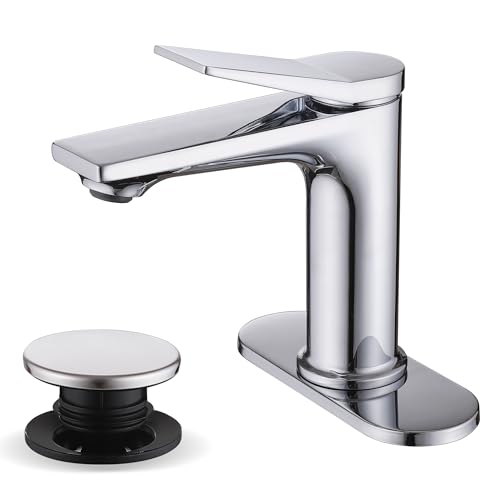 Rbrohant Single Hole Bathroom Faucet, Polished Chrome Single Handle Bathroom Sink Faucets for 1 Hole,Bathroom Vanity Faucet with Pop up Drain and Cover Plate, Deck Mount, R2001-PCP - color: Polished Chrome, style: With Escutcheon