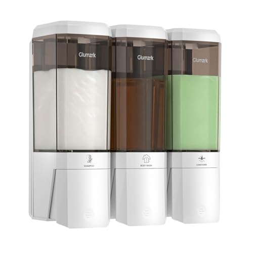Shampoo and Conditioner Dispenser 3 Chamber 17oz No Drill Shower Soap Dispenser Wall Mounted Shampoo Conditioner Body Wash Refillable Bathroom Shower Dispenser (White+Smoke Gray 3 Chamber) - color: White-smoke Gray-3