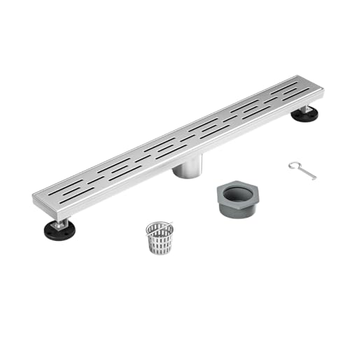 24 Inch Linear Shower Drain - Removable Brick Pattern Grate | 304 Stainless Steel Rectangular Floor Drain Set with Hair Catcher, Adjustable Leveling Feet & Adapter - color: Brushed Nickel With Grate, size: 24 Inch