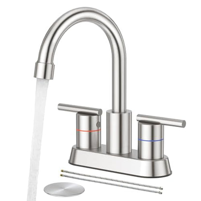 Faustina Brushed Bathroom Faucet, 4 Inch Centerset Faucets for Sink 2 Holes 3 Holes，Two Handles 304 Stainless Steel Bathroom Sink Faucet with Pup up Drain and 2 cUPC Water Supply Lines for RV Vanity - color: Brushed, style: Modern Centerset