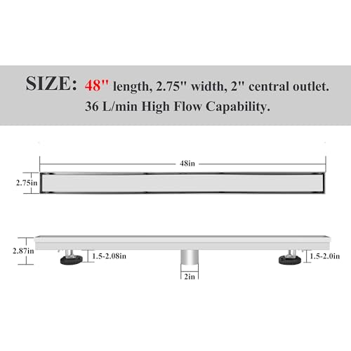 48 Inch Linear Drain Shower Drain Brushed Floor Drain with Removable SUS304 Stainless Steel CUPC Certificate and 2-in-1 Tile Insert Grate Cover - color: Brushed, size: 48inch