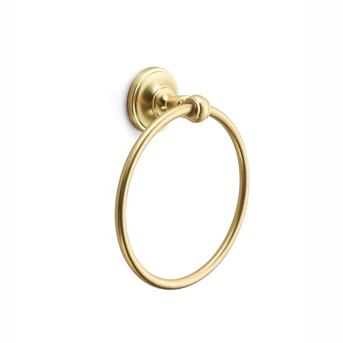 khtumeware 1 Pack Brushed Gold Bath Towel Ring, Bathroom Hardware Accessories Heavy-Duty Hand Towel Holder for Bathroom, Modern Round Towel Hanger Wall Mounted - color: Brushed Gold, size: 6.50" Face Towel Ring