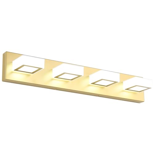 Ralbay Modern Gold Vanity Lights for Bathroom 4 Lights LED Over Mirror Fixture Acrylic Wall Light, 25.6 Inch, White Light 6000K, 8590-Gold-Silver - size: 25.6 inch