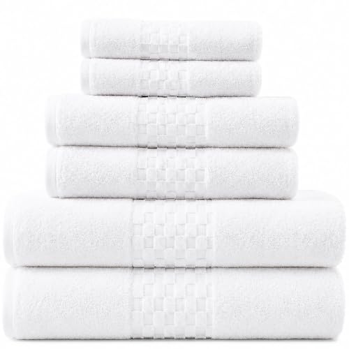 Feather & Stitch 100% Cotton 625 GSM Bath Towel Set of 6, Ultra Soft Highly Absorbent 2 Bath Towels, 2 Hand Towels & 2 Washcloth - Luxury Quick Dry Shower Towels (White) - color: White
