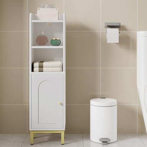 Hzuaneri Bathroom Storage Cabinet, Small Corner Floor Cabinet | Narrow Toilet Paper Holder, Bathroom Organizer with Adjustable Shelf, 2 Doors, for Small Spaces, White BC38213G - color: White, size: 7.9"D x 9.8"W x 35.4"H