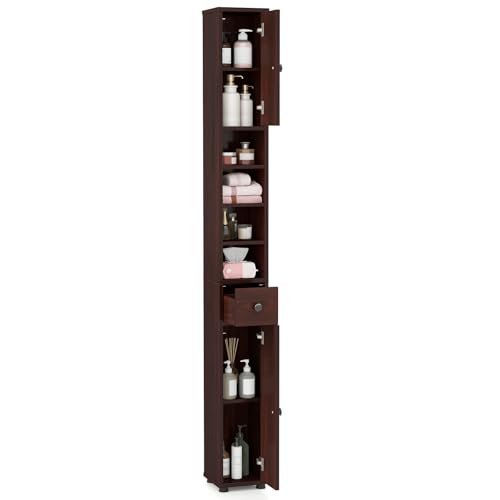 LDAILY 71”Tall Narrow Storage Cabinet, Skinny Bathroom Storage with 1 Drawer, 2 Doors, 5 Adjustable Shelves and Anti-Tipping Device, Wooden Slim Bathroom Cabinet for Office, Kitchen, Small Space - color: Brown