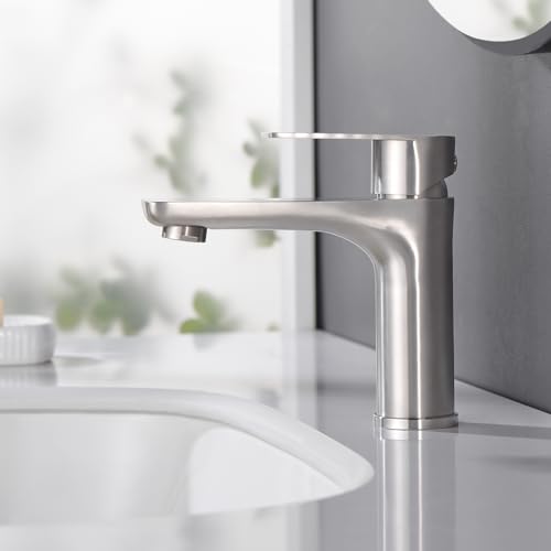SUMERAIN Brushed Nickel Bathroom Sink Faucet Washbasin Faucet 304 Stainless Steel Single Hole Single Lever Handle | Unique Flow Pattern, Water-saving, Lead-Free, with Faucet Supply Lines, Easy DIY Install - color: Brushed Nickel