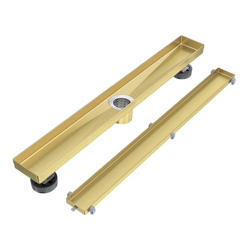 EXF Linear Shower Drain 36 Inch Brushed Gold with Tile Insert Cover | 304 Stainless Steel, V-Slope Design, Debris Strainer, Seamless, Adjustable Height - color: Brushed Gold, size: 36 IN
