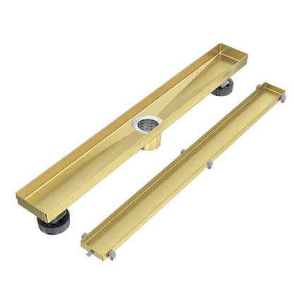 EXF Linear Shower Drain 18 Inch Brushed Gold with Tile Insert Cover | 304 Stainless Steel, V-Slope Design, Debris Strainer, Seamless, Adjustable Height - color: Brushed Gold, size: 18 IN
