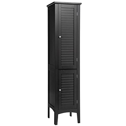 Tangkula Tall Bathroom Storage Cabinet, 5-Tier Wooden Freestanding Tower Cabinet, Narrow Storage Floor Cabinet w/ 2 Doors & Shelves for Bathroom Living Room Kitchen (Black)