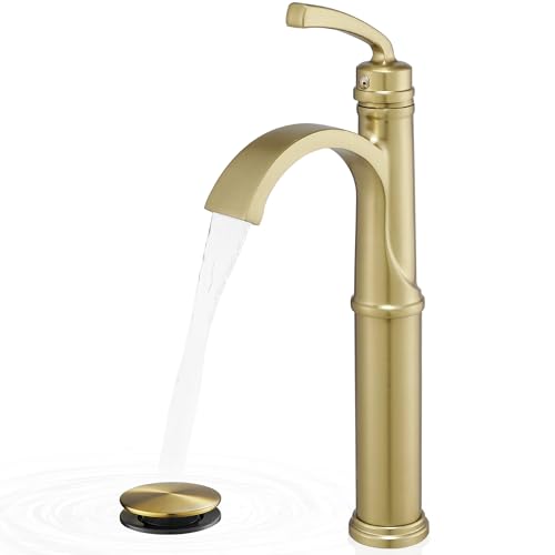 Tall Vessel Sink Faucet, Brass Waterfall Bathroom Sink Faucet Single Handle, Gold Bathroom Faucet 1 Hole, Tall Bathroom Faucets with Pop-Up Drain Water Supply Hoses - color: Brushed Gold