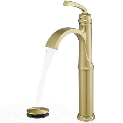 Tall Vessel Sink Faucet, Brass Waterfall Bathroom Sink Faucet Single Handle, Gold Bathroom Faucet 1 Hole, Tall Bathroom Faucets with Pop-Up Drain Water Supply Hoses - color: Brushed Gold