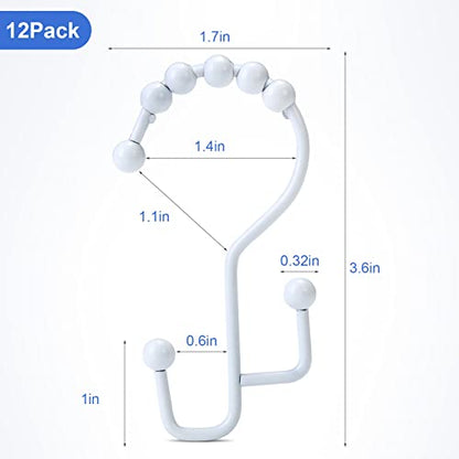 Shower Curtain Rings, SUTINE Double Shower Curtain Hooks, Rust-Resistant Metal Shower Curtain Rings, Free Sliding Stainless Steel Shower Hooks for Shower Curtains & Liners, 12pcs-White - color: White