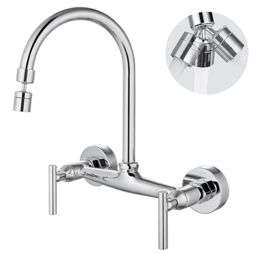 Airuida 8 Inch Center Chrome Polish Wall Mounted Kitchen Sink Faucet | 360° Degree Swivel Spout,Double Handle,Wall Mount Utility Sink Faucet - color: Chrome Polish