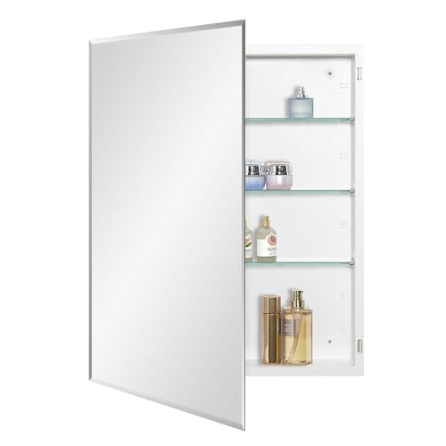 IDYLLOR Bathroom Medicine Cabinet with Beveled Edge Mirrored Door 24 x 30 inch, Recessed or Surface Mount, with Adjustable Glass Shelves - color: Matt White, size: 24x30 inch Beveled Edge Mirror