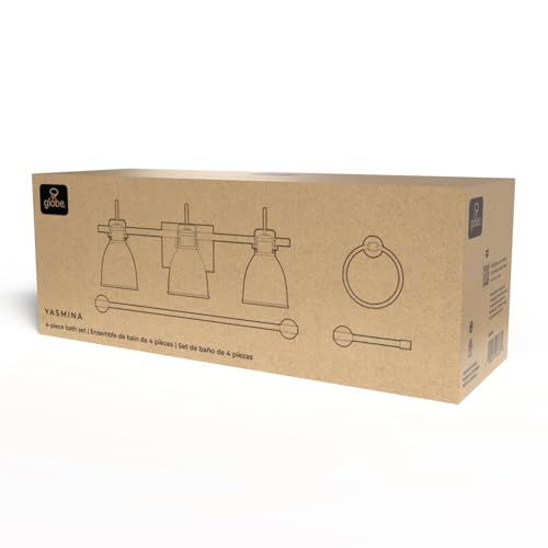Globe Electric 4-Piece All-in-One Bathroom Set, Matte Brass, 3-Light Vanity Light with Frosted Opal Glass Shades, Towel Bar, Toilet Paper Holder, Towel Ring - color: Matte Brass, Frosted Opal Glass