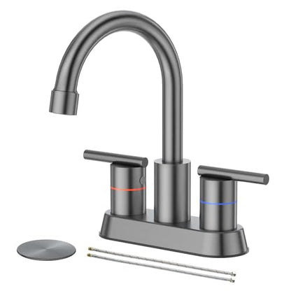Faustina Gery Bathroom Faucet, 4 Inch Centerset Faucet for Sink 2 Holes 3 Holes，Two Handles 304 Stainless Steel with Pup up Drain Assembly and 2 Water Supply Lines for RV Vanity - color: Gery, style: Modern Centerset