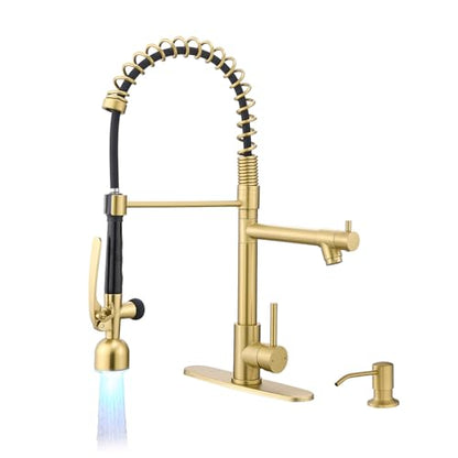 Fapully Commercial Kitchen Faucets with Pull Down Sprayer Brushed Gold LED | Single Handle Faucet for Kitchen Sink, Kitchen Faucet with Soap Dispenser and Deck Plack for 4 Hole - color: Brushed Gold, style: Rustic
