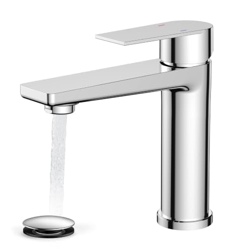 FORIOUS Chrome Bathroom Faucets 1 Hole, Single Hole Bathroom Sink Faucet | Single Lever Rv Bathroom Faucet One Hole, Vanity Faucet for Bthroom Sink 1 Hole with Deck Plate, Drain, Hoses, for Camper - color: Chrome