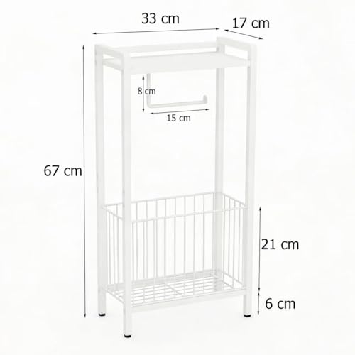 Bathroom Toilet Paper Holder Stand with Storage Basket and Top Shelf, Free-Standing Toilet Tissue Organizer for Small Bathrooms, Metal Toilet Paper Rack with Magazine Holder – White - color: White