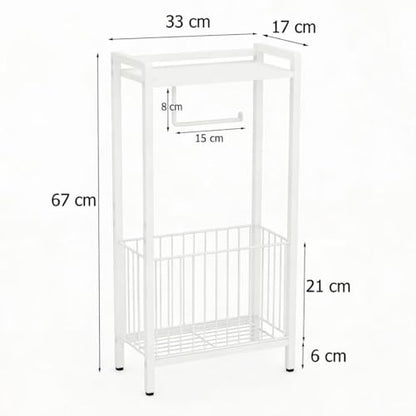 Bathroom Toilet Paper Holder Stand with Storage Basket and Top Shelf, Free-Standing Toilet Tissue Organizer for Small Bathrooms, Metal Toilet Paper Rack with Magazine Holder – White - color: White
