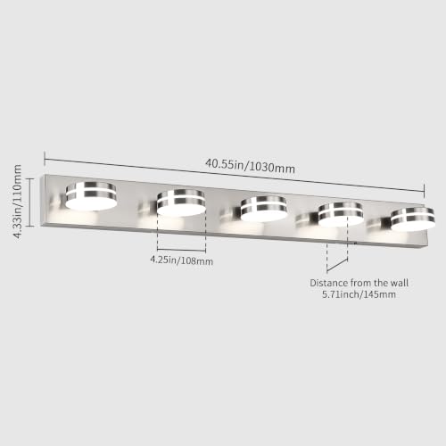 LED Brushed Nickel Bathroom Vanity Lights 5 Light 40.55in | 30W LED Bathroom Light Fixtures Over Mirror, with 360° Rotating Lamp Head, 5CCT Dimmable, Dimmer Switch Not Included - color: Nickel-5CCT-Dimmable