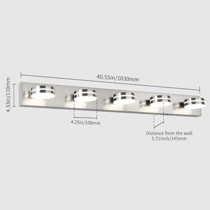 LED Brushed Nickel Bathroom Vanity Lights 5 Light 40.55in | 30W LED Bathroom Light Fixtures Over Mirror, with 360° Rotating Lamp Head, 5CCT Dimmable, Dimmer Switch Not Included - color: Nickel-5CCT-Dimmable