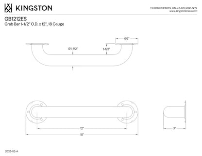 Kingston GB1212ES Stainless Steel Grab Bar, Brushed Stainless Steel | Made to match 12" x 1-1/2" O.D grab bar; Compliant with ADA standard; Corrosion-resistant finish - size: 12-Inch Grab Bar with 1.5-Inch Outer Diameter, style: GB1212CT -Concealed Flange