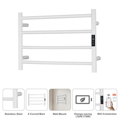 Electric Towel Rack with Voice Control for Alexa & Google Home,TUYA - Wall-Mounted Bathroom Heating Towel Warmer,Plug-in,Stainless Steel Material,16.54x23.62x5.51 in,White,4 Bars - color: White With Wifi, size: 4 Bar