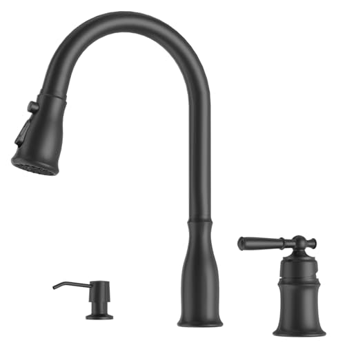DAYONE Matte Black 3 Holes Kitchen Sink Faucets with Separate Handle, 2 Holes Pull Down Sink Faucet for Kitchen Sink with Soap Dispenser, Single Handle High Arc, DAY-279MB - color: Matte Black, style: Separate handle