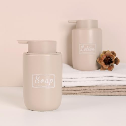 BosilunLife Foaming Soap Dispenser Set - Khaki Ceramic Foam Hand Dispenser | 12oz Soap Dispenser Set with Rust Proof Pump, 4Pcs Clear Stickers for Kitchen, Bathroom - 2 Pack - color: Khaki-foam Pump