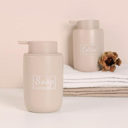 BosilunLife Foaming Soap Dispenser Set - Khaki Ceramic Foam Hand Dispenser | 12oz Soap Dispenser Set with Rust Proof Pump, 4Pcs Clear Stickers for Kitchen, Bathroom - 2 Pack - color: Khaki-foam Pump