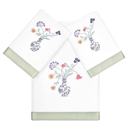 Floret 3-Piece Towel Set, Applique Flower & Vase Design, 100% Turkish Cotton, Ultra Absorbent & Soft, Cottage Style Decor, 1 Bath 2 Hand Towels, White - color: White, size: 1 Pc Bath 2 Pcs Hand Towel
