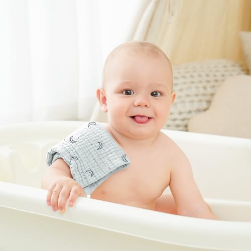 Bearmoss 12 Pack Baby Muslin Washcloths, 100% Cotton 10"x10" Face Towels | Soft Absorbent Bath Wash Cloths and Burp Cloths for Newborn Infants Kids Girls & Boys (Green Elephant) - color: Green Elephant