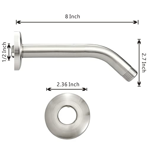 Voolan Shower Arm with Flange and Teflon Tape, Extension Shower Head Arm for Bathroom Fixed Shower Head, Solid Stainless Steel, Wall Mounted (8 Inch,Brushed Nickel) - color: Brushed Nickel, style: 8 Inch