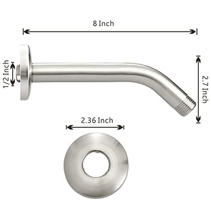 Voolan Shower Arm with Flange and Teflon Tape, Extension Shower Head Arm for Bathroom Fixed Shower Head, Solid Stainless Steel, Wall Mounted (8 Inch,Brushed Nickel) - color: Brushed Nickel, style: 8 Inch